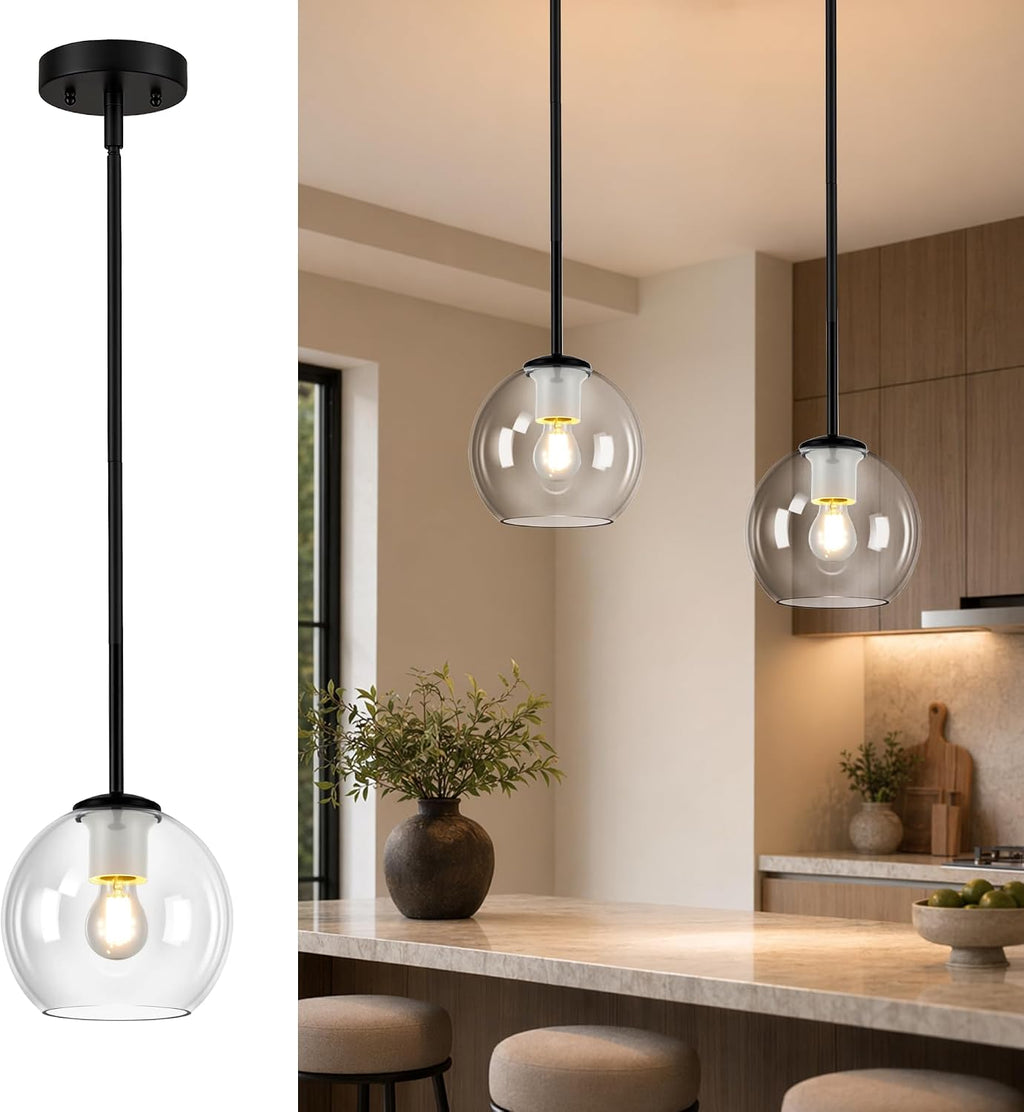 BTP Modern Glass Globe Pendant Light for Kitchen Island, Black Pendant Light Fixture with Adjustable Height Rods, Sloped Ceiling Compatible Clear Glass Hanging Light, E26 Base for Dining Room Foyer