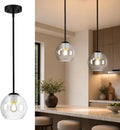 BTP Modern Glass Globe Pendant Light for Kitchen Island, Black Pendant Light Fixture with Adjustable Height Rods, Sloped Ceiling Compatible Clear Glass Hanging Light, E26 Base for Dining Room Foyer