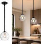 BTP Modern Glass Globe Pendant Light for Kitchen Island, Black Pendant Light Fixture with Adjustable Height Rods, Sloped Ceiling Compatible Clear Glass Hanging Light, E26 Base for Dining Room Foyer