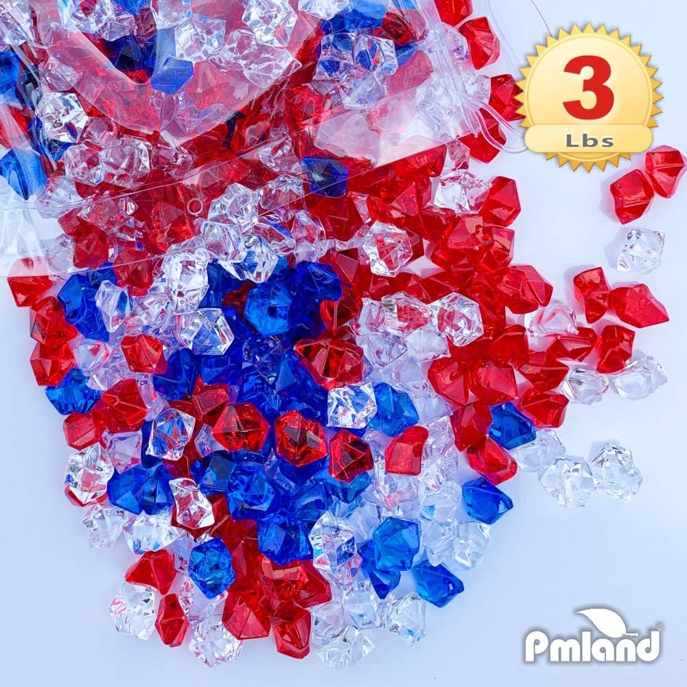 PMLAND Clear Fake Ice Rocks – 550Pcs Large Acrylic Gems Crushed Plastic Diamonds, Red White Blue (3Lbs/2.25 Quarts) – Bulk Vase Filler for Centerpieces Patriotic Theme Décor Aquarium Table Scatter