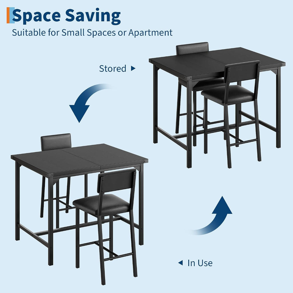 GarveeHome Dining Table Set for 2 with Corner Protector, Kitchen Table Set w/Footrest & Backrest, Counter Height Table with 2 Upholstered Bar Chairs, for Small Space, Retro Black