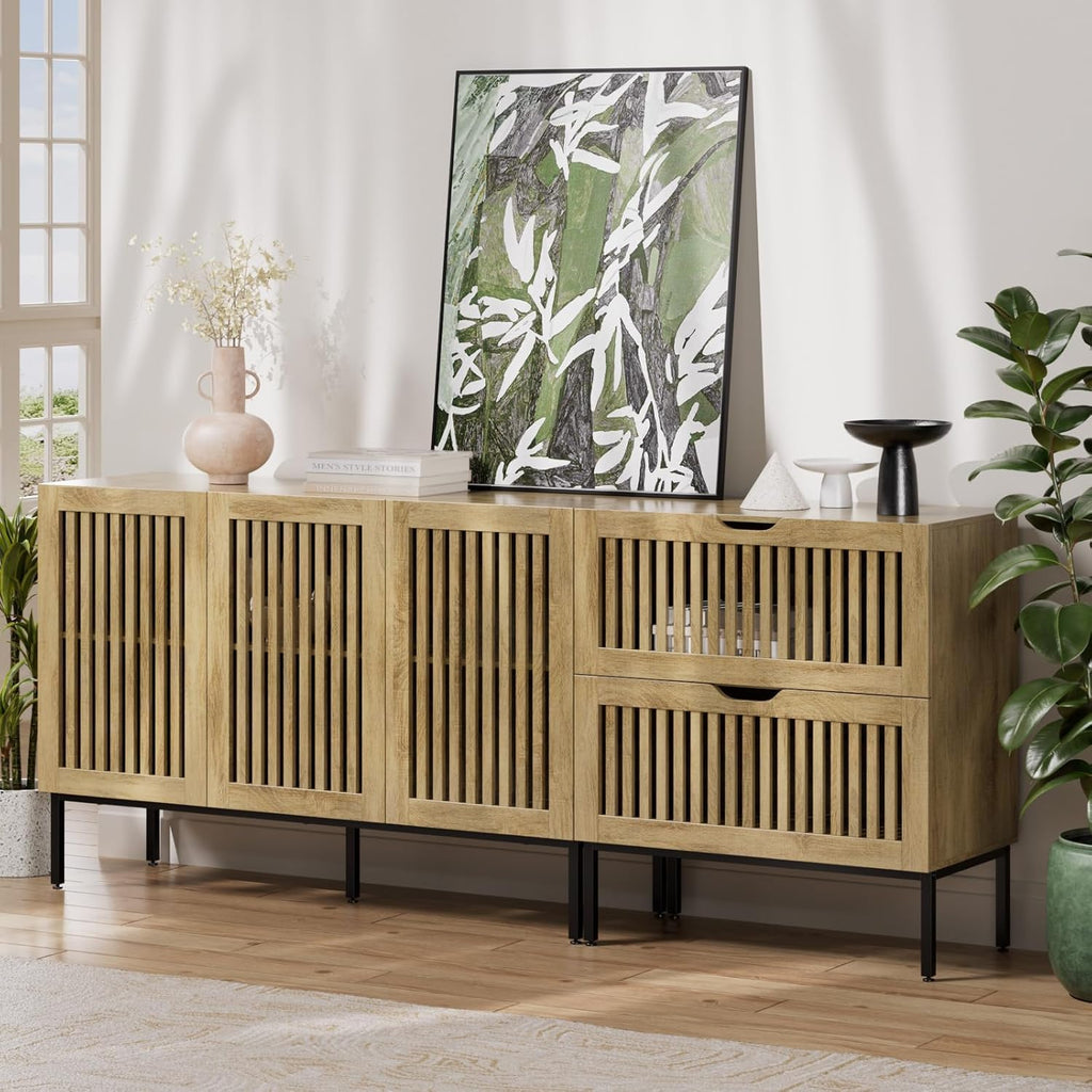 BVIUNTWO 75" Farmhouse Buffet Cabinet, Large Storage Sideboard with Adjustable Shelves & Metal Base, 3-Door Coffee Bar Cabinet for Kitchen/Dining/Living Room, Oak