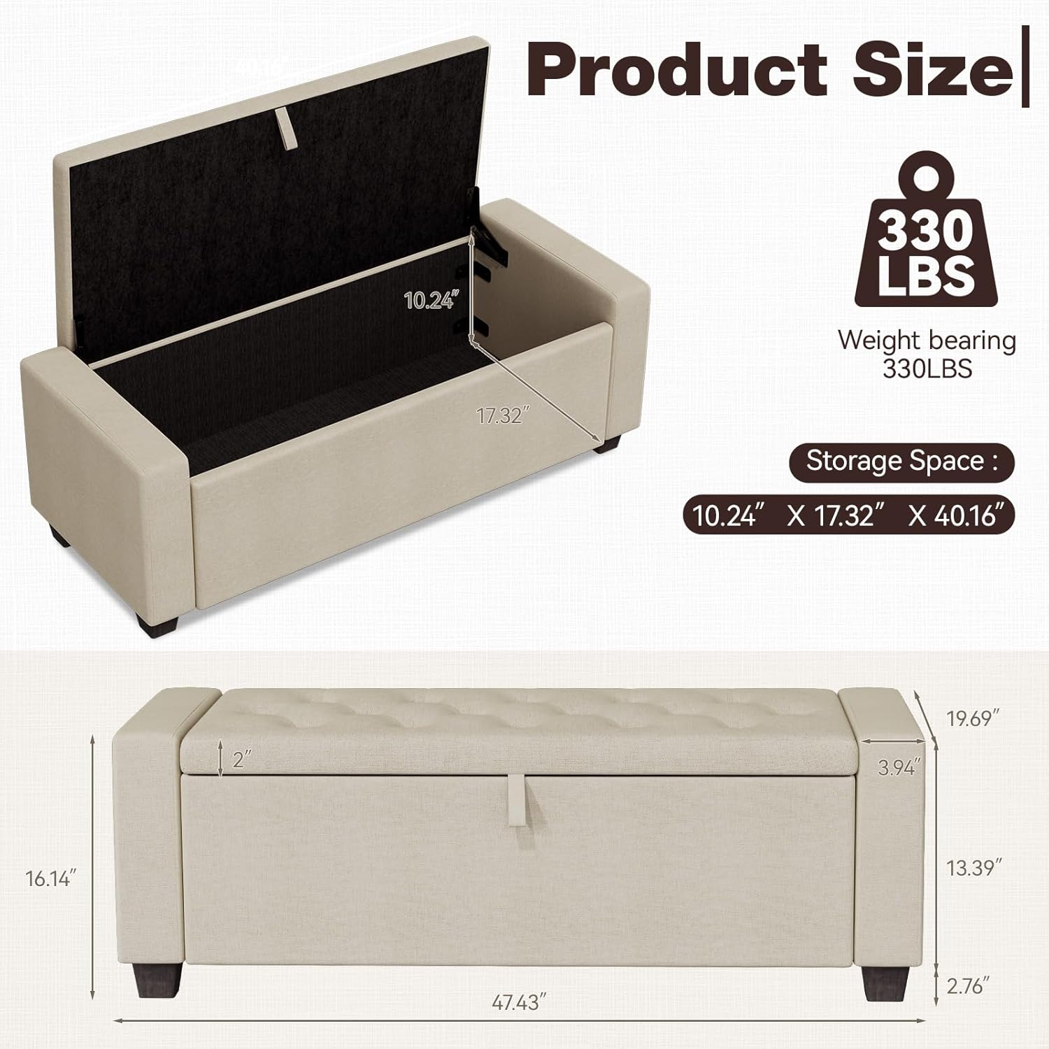 Storage Ottoman Bench, 50" End of Bed Bench with Legs,Storage Chest with Safety Hinge, Modern Entryway Benchs for Living Room, Bedroom, Entryway, Beige
