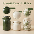 Ceramic Vase Set of 3 with Two Handles, Green White Neutral Rustic Modern Farmhouse Boho Decor, Versatile as Table Centerpiece or Mantel & Shelf Accent - Unique Home Gift Idea
