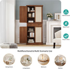 72" Kitchen Pantry Cabinet with Rattan Doors, Tall Pantry Storage Cabinet with 4 Adjustable Shelves & Large Central Drawer, Boho Cupboard for Kitchen, Dining Room, Living Room, Walnut