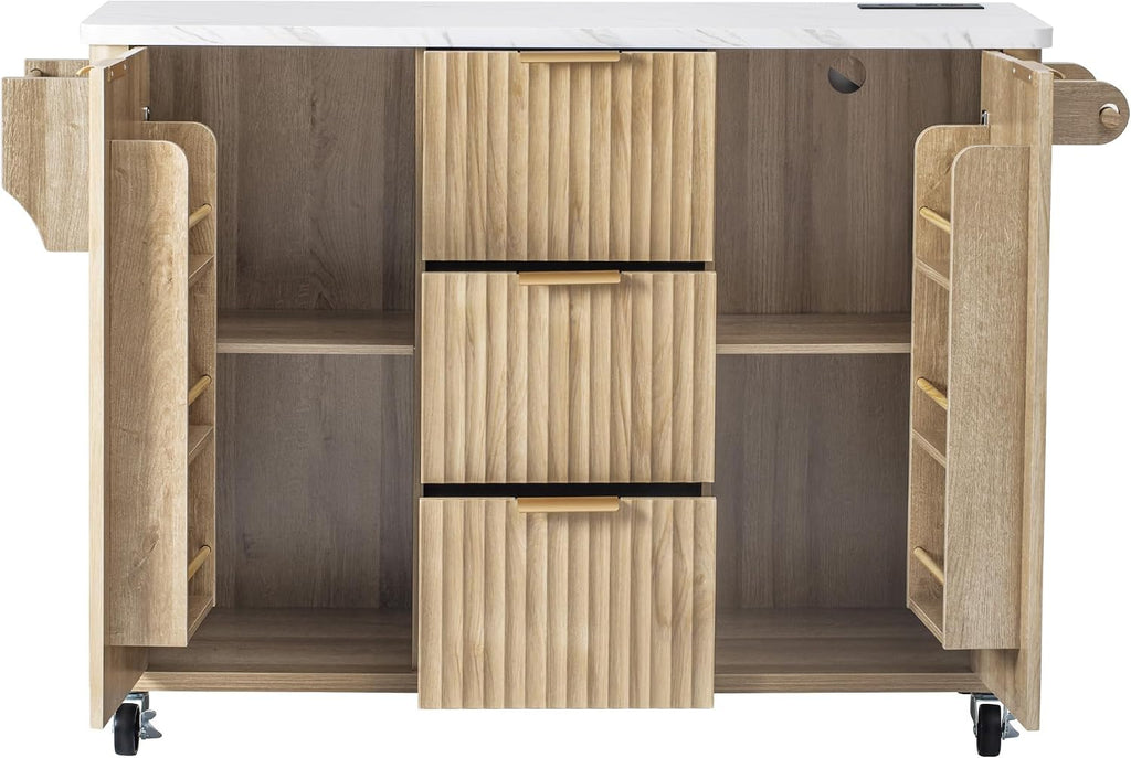 Merax 55.5" Fluted Kitchen Island with Drop Leaf, Power Outlet,Kitchen Grill Cart Island with Storage-6 Door Shelves,Adjustable Shelves,Faux Marble Top,Curved Edge for Kitchen,Natural