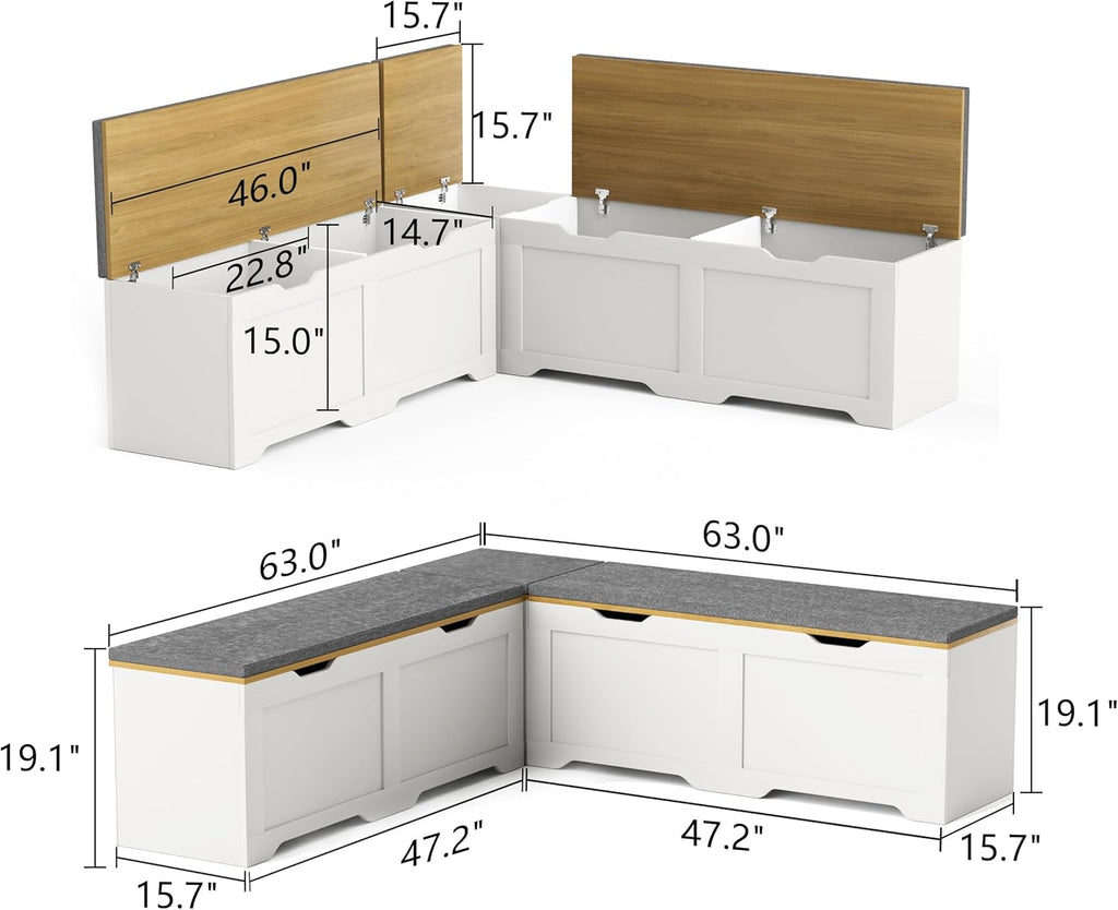 3-Piece L-Shaped Multi-Functional Storage Bench with Cushion, Serving as a Kitchen Corner Bench, Toy Storage Box, or Reading Nook seat., White and Natural, 63" D x 63" W x 19.1" H