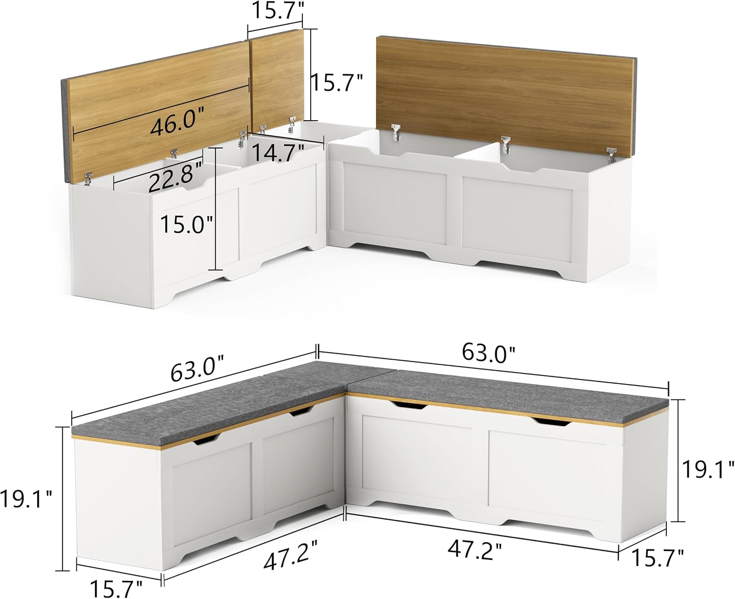 3-Piece L-Shape Storage Bench Set with Cushion, Kitchen Dining Nook Bench with Hidden Storage for Dining Room, Entryway,Backless Corner Dining Bench (White)