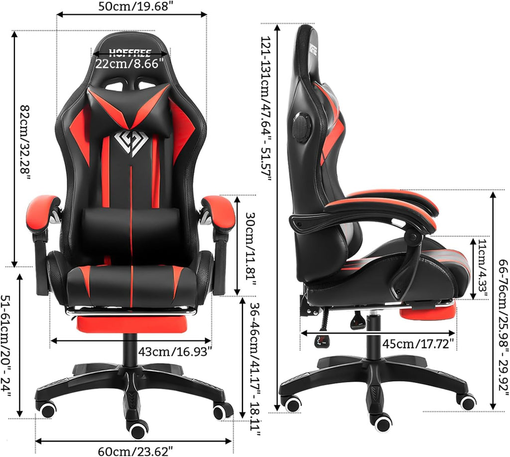 HOFFREE RGB Gaming Chair with Speakers Massage Computer Gaming Chair with LED Lights and Footrest High Back Video Game Chair for Adults Red and Black