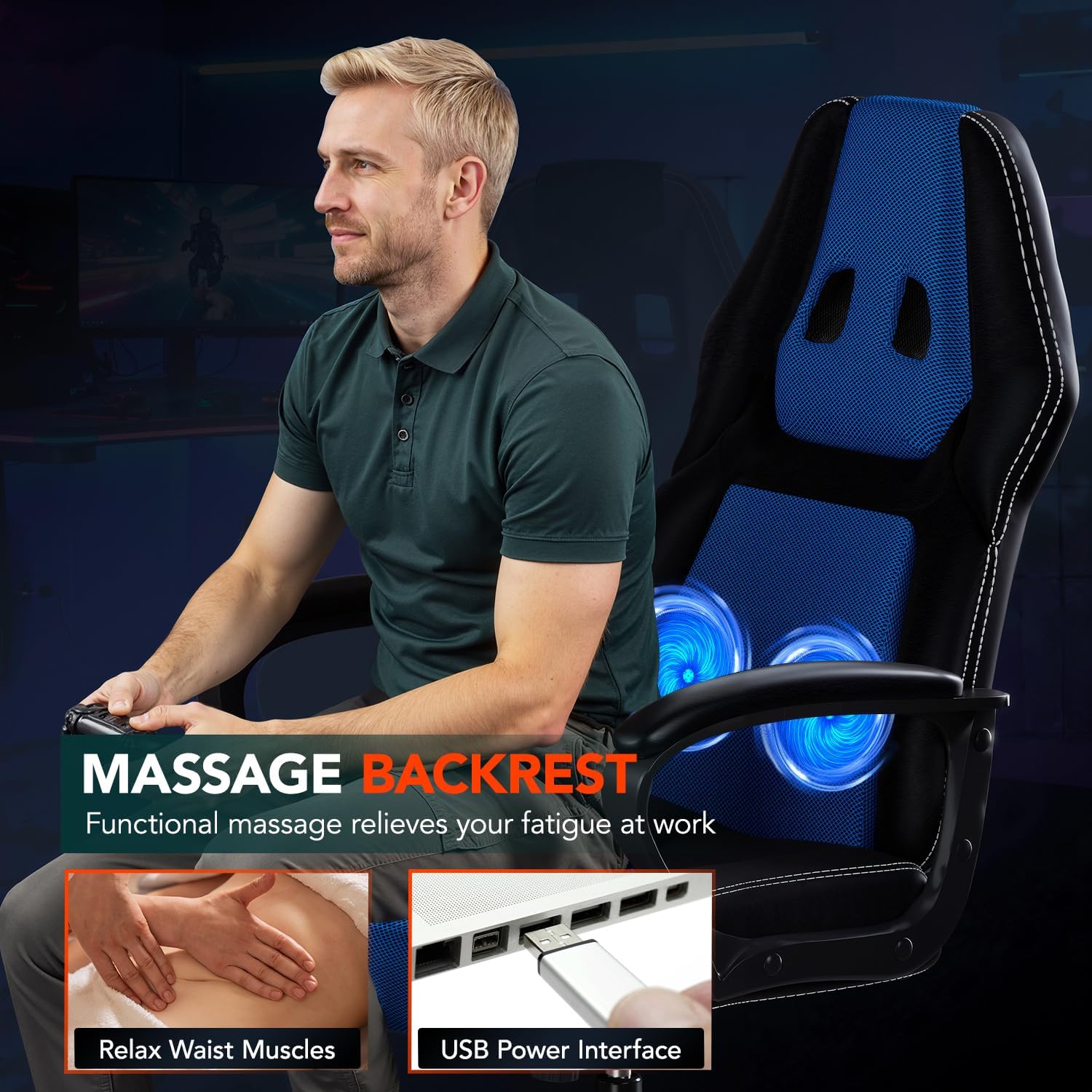 BestOffice Gaming Chair with Massage, Ergonomic Office Desk Chair, Adjustable Lumbar Support & Headrest,Computer Task Chair, 360° Swivel for Adults (Blue)