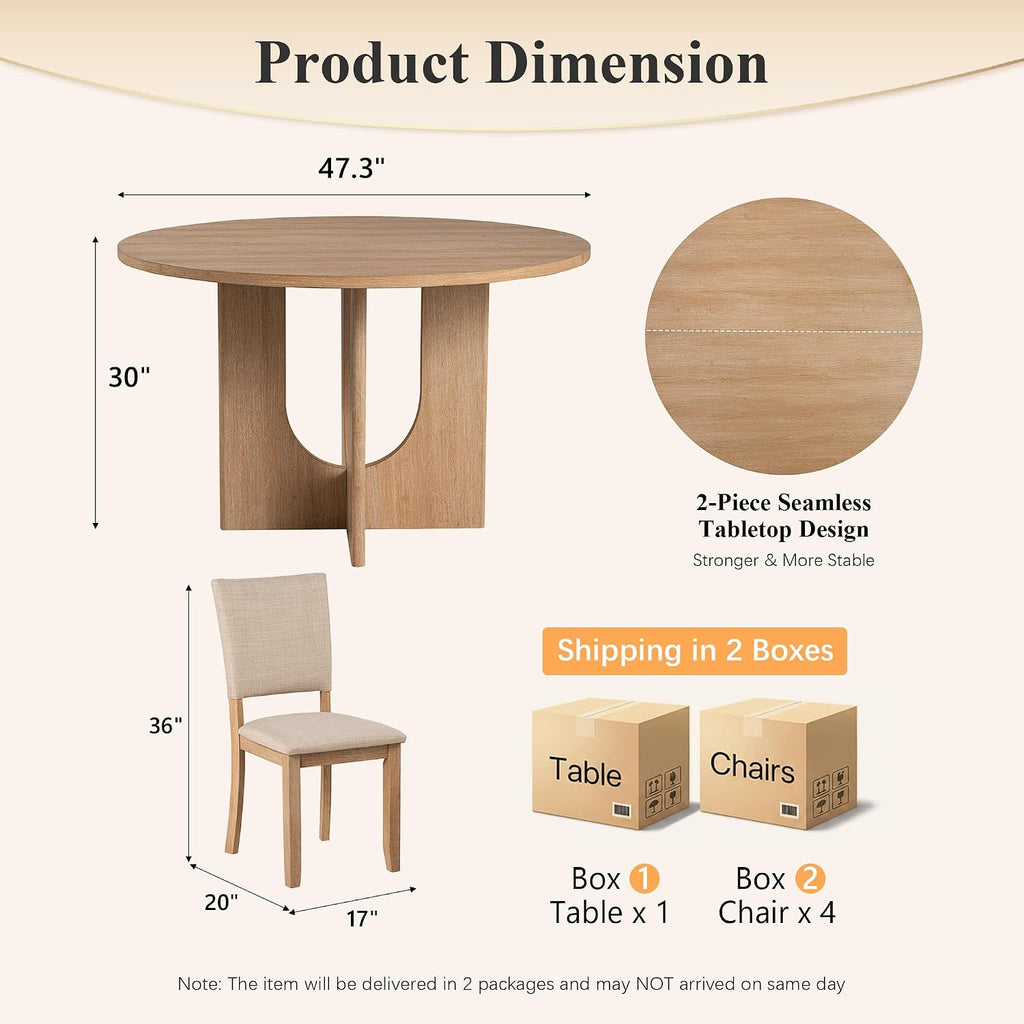 5-Piece Round Dining Table Set for 4, 47" Kitchen Table, Natural | U-Shaped Pedestal Base, Round Tabletop, 4 Upholstered Fabric Chairs, Space Saving Dinner Table for Dining Room, Kitchen