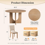 5-Piece Round Dining Table Set for 4, 47" Kitchen Table, Natural | U-Shaped Pedestal Base, Round Tabletop, 4 Upholstered Fabric Chairs, Space Saving Dinner Table for Dining Room, Kitchen