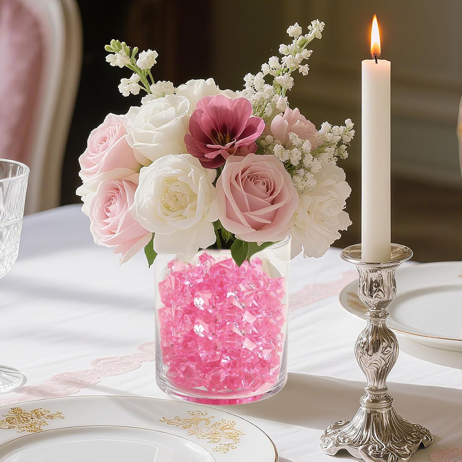 Fake Ice Cubes,100 Pcs Pink Rocks for Vases,17 * 22 mm Plastic Diamonds,Plastic Ice Cubes Vase Fillers for Centerpieces