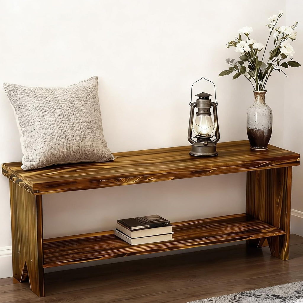 43" Solid Wood Farmhouse Bench, Entryway Bench with Storage Shelf, Vintage Long Rustic Indoor Bench for Bedroom, Entryway, Hallway, Dining