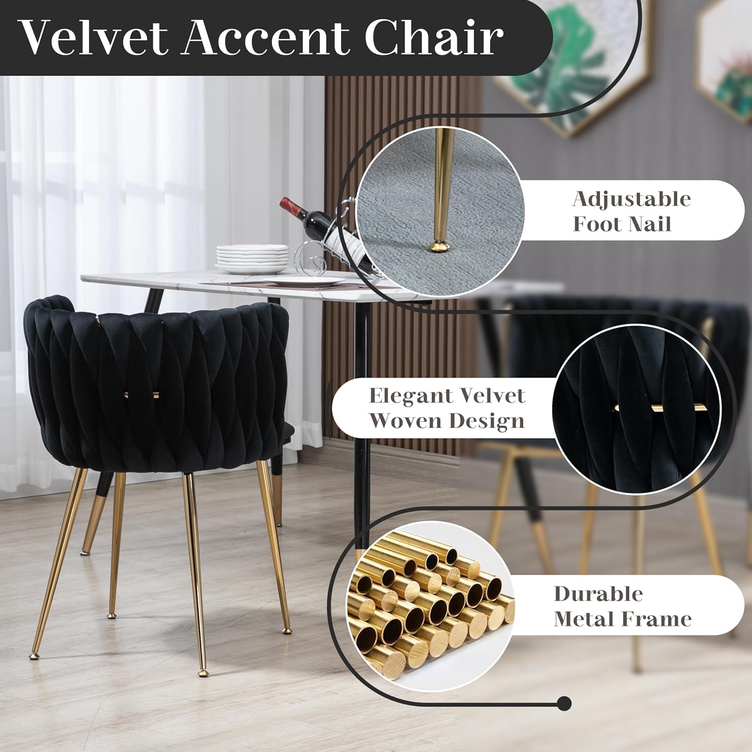 Modern Gold Glass Dining Table Set for 4, 51'' Clear Glass Top Rectangular Dinner Room Table Set, 5 PCS Luxury Kitchen Table Set, Black Woven Chair for Kitchen Apartment Living Room