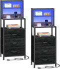 Furnulem Night Stand Set 2 with Charging Station, 46" Black Bedside Table | RGB LED Lights, 4-Tier Storage Shelves & 3 Fabric Drawers, Metal Frame, Wood Desktop, Easy Assembly for Bedroom Hallway Dorm