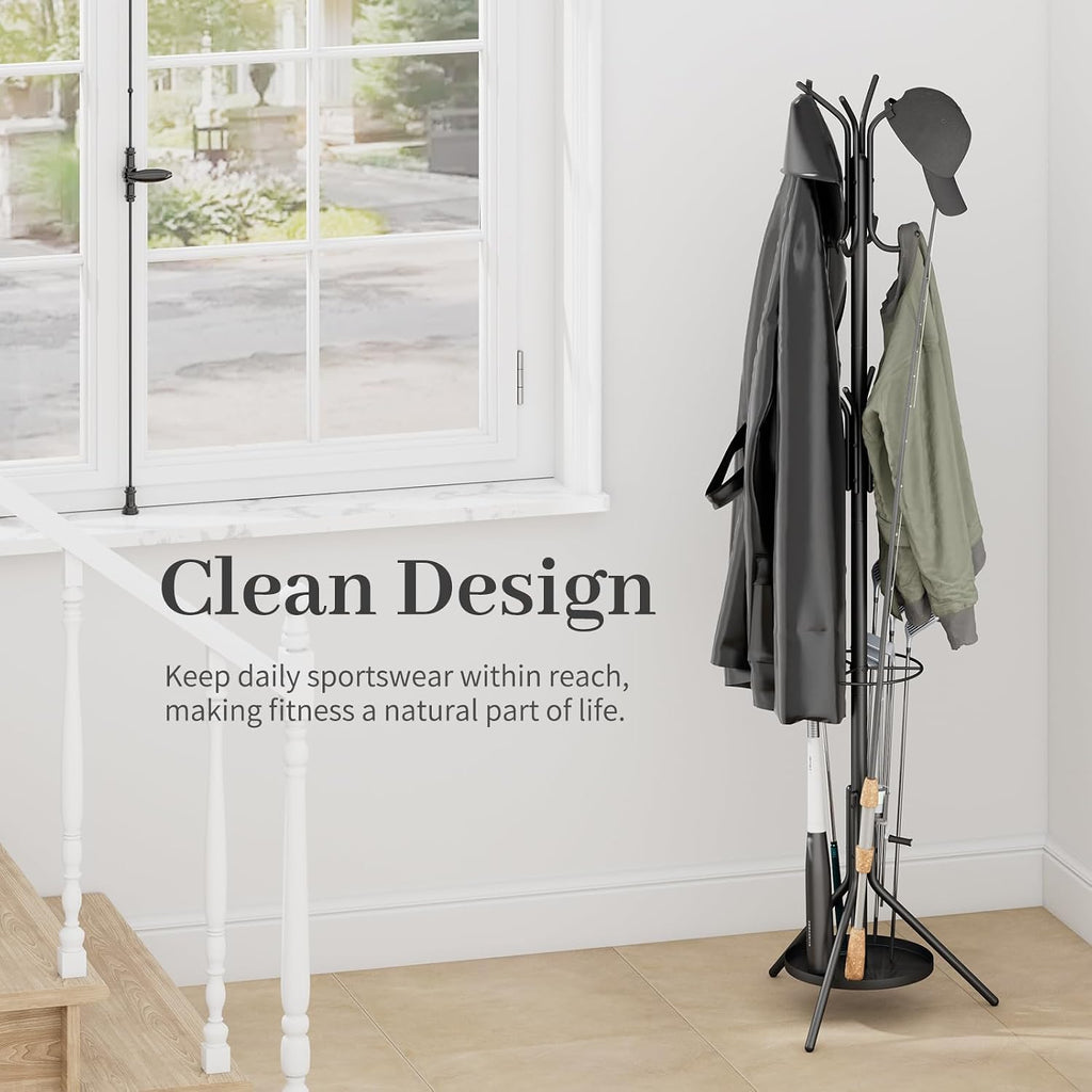 Kitsanery Coat Rack Freestanding,Metal Coat Tree with Umbrella Holder,Hat and Coat Rack Stand for Entryway, Hallway, Living Room, Bedroom (Black)