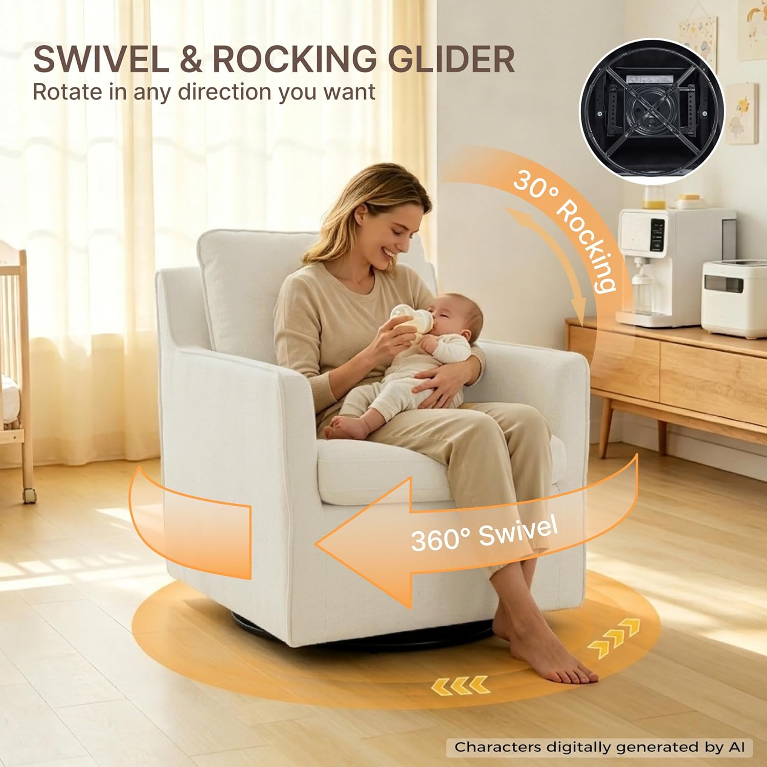 KISLOT Swivel Accent Chair with Ottoman, Rocking Recliner 360 Degree Swivel Armchair Machine-Washable Cover for Nursery Living Room Bedroom