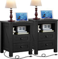 Joaxswe Nightstands Set of 2 with Charging Station and 2 Drawers, Farmhouse | Black Night Stand, Bed Side End Tables, Open Shelf Storage, Bedside Cabinet for Bedroom, Living Room, Closet, Office
