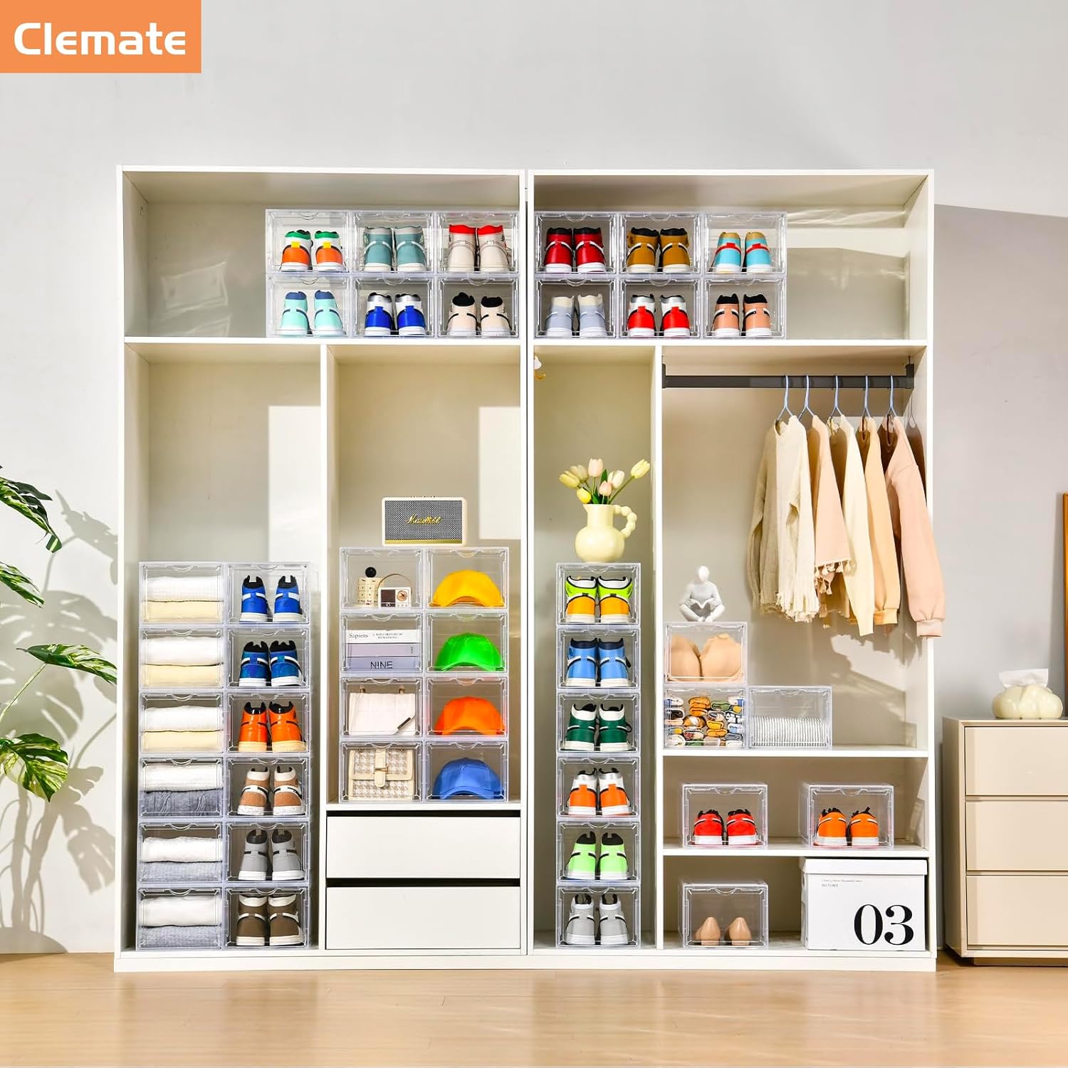 Clemate Upgraded X-Large Shoe Organizer,Shoe Storage Organizer,12 Pack,Shoe Box Clear Plastic Stackable,Drop Front Shoe Box with Clear Door, Shoe Containers For Sneaker Display,Fit up to US Size12