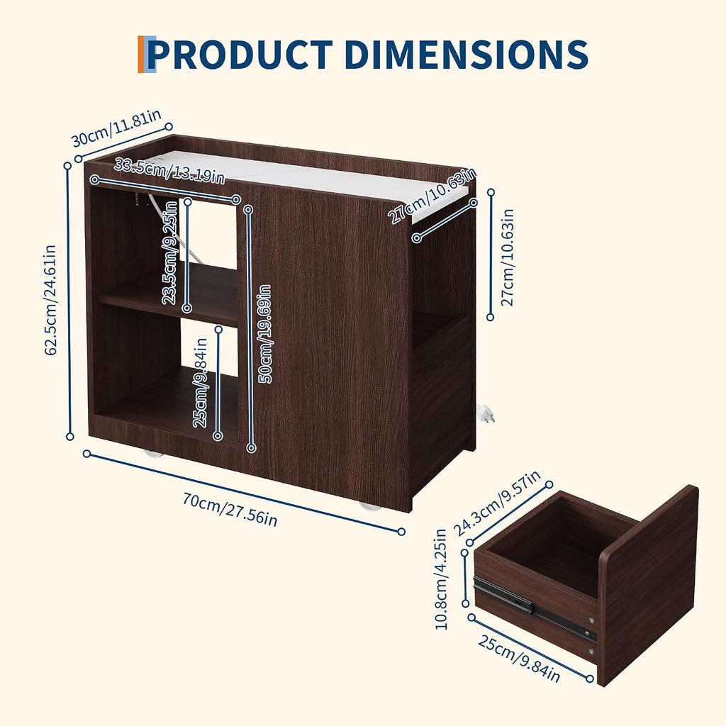 Garvee Narrow End Table with Charging Station, Rolling Side Table with Drawer, Adjustable Shelf, 2 AC Outlets, USB and Type-C Ports, Lockable Wheels, Walnut