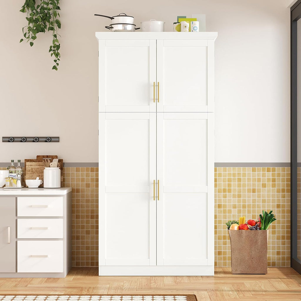 Freestanding Kitchen Pantry Cabinet, Tall Larder Cupboard Storage Cabinet with 4 Doors, 2 Door Shelves, 8 Pull-Out Trays and Adjustable Shelf for Dining Room