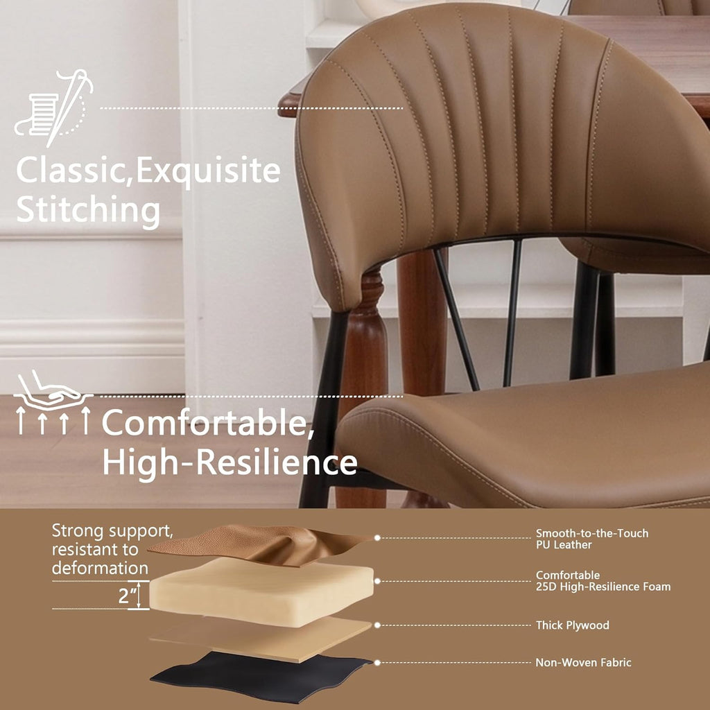 PU Leather Dining Chairs Set of 6, Mid Century Modern Dining Chairs with Stitching, Upholstered Kitchen & Dining Room Chairs with Curved Back and Black Metal Legs (Brown)