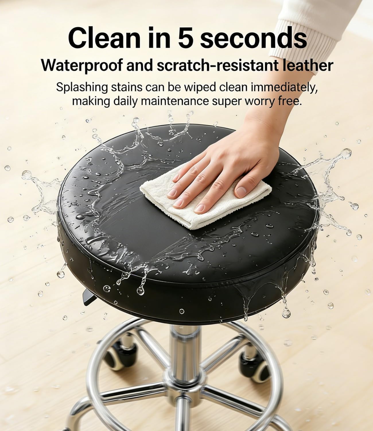 Adjustable Rolling Stool with Wheels 500lb Heavy Duty Round Rolling Stool with Footrest, Thick 7.6cm Cushion Patent Leather Drafting Stool Chair with Wheels Work Spa Salon Seat（Black）