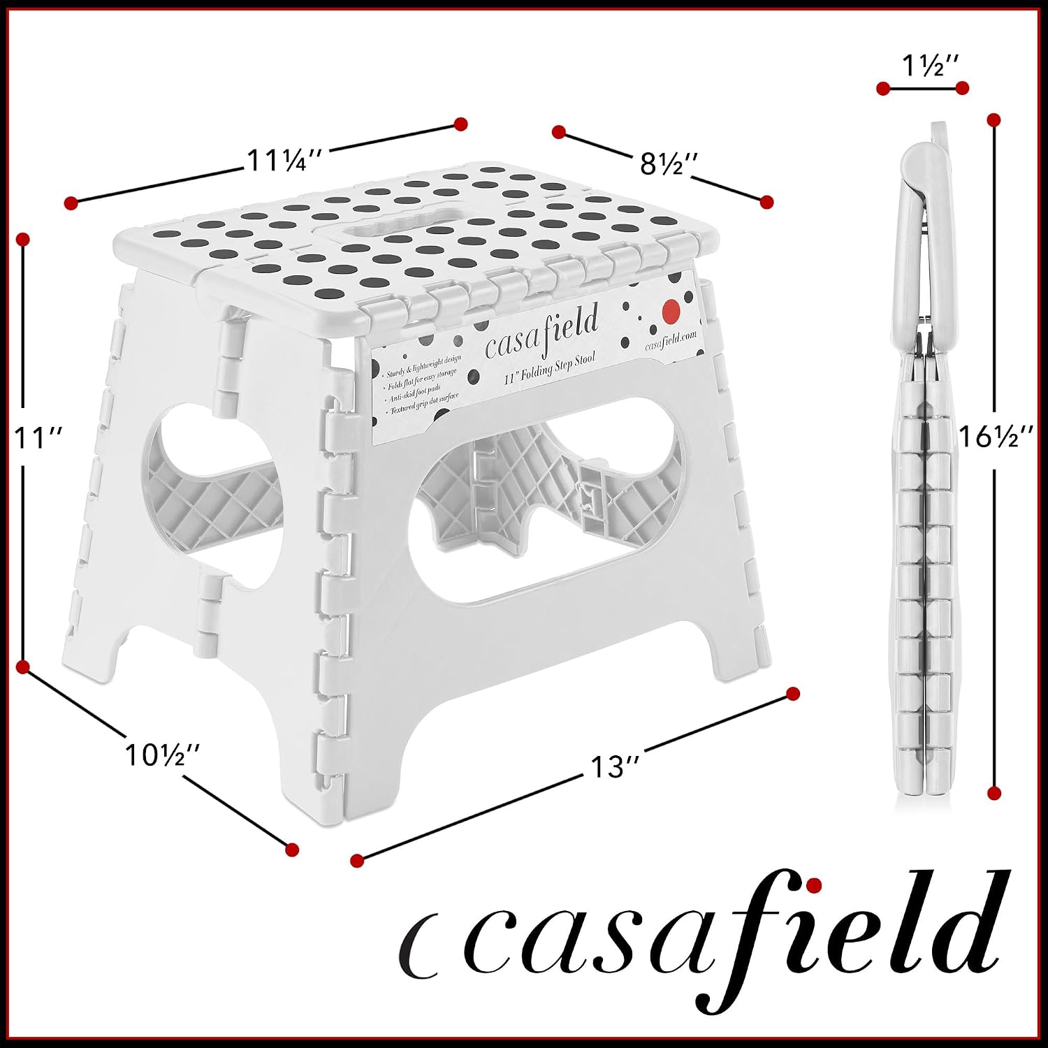 Casafield 11" Folding Step Stool with Handle, White - Portable Collapsible Small Plastic Foot Stool for Kids and Adults - Use in the Kitchen, Bathroom and Bedroom
