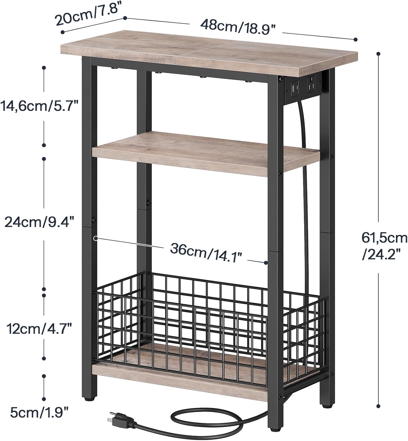 HOOBRO Narrow Side Table with Charging Station and LED Light, Small End Table with Storage, Skinny Nightstand with USB Port, Slim Bedside Table for Small Spaces, Living Room, Greige BG242UDBZ01