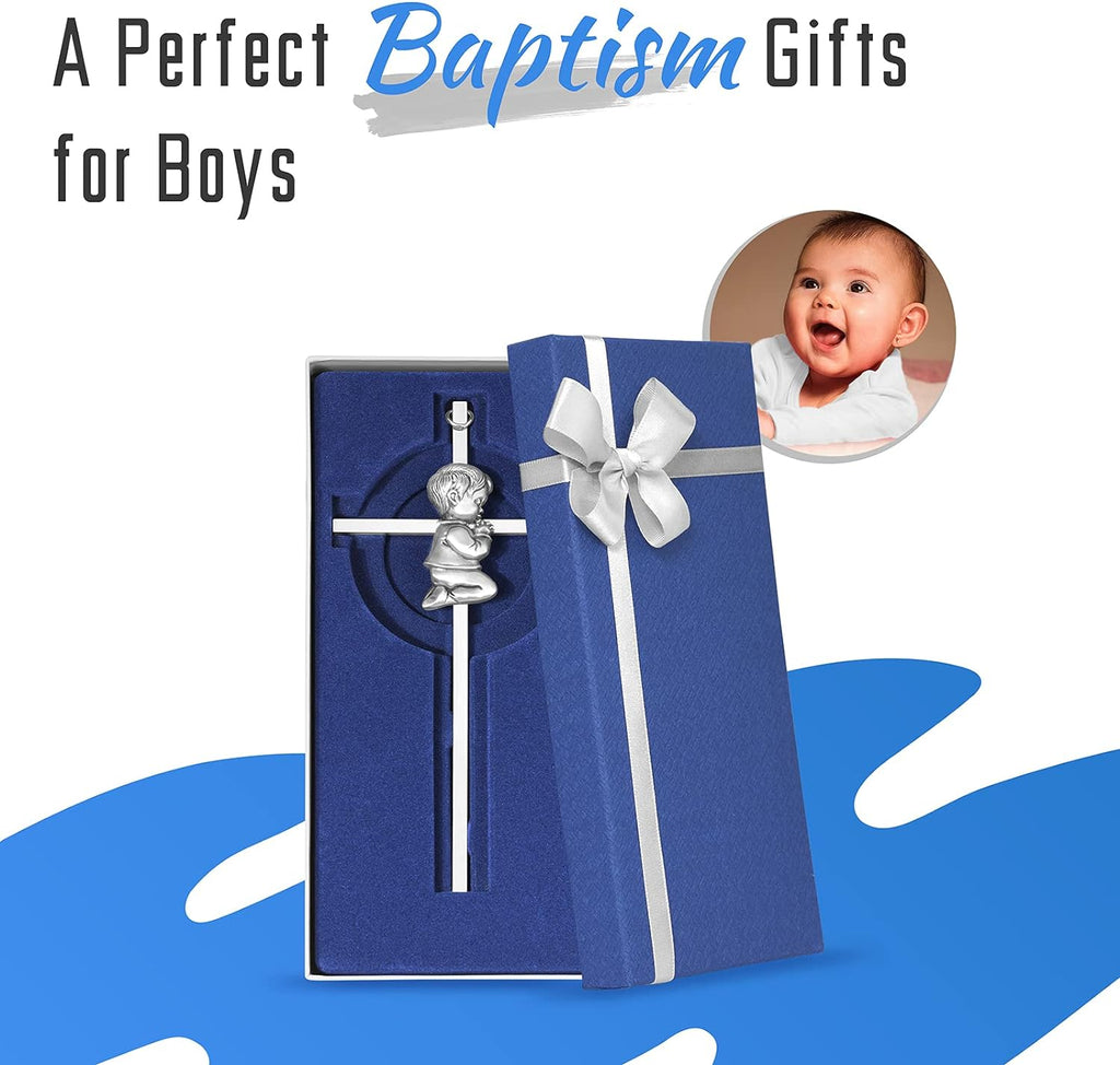 Tryuunion Baby Wall Cross Baptism Gifts for Boys, 7-inch Silver Blessing Boy Baptism Crosses for First Holy Communion Christening and Dedication Baptismal Gifts from Godparents