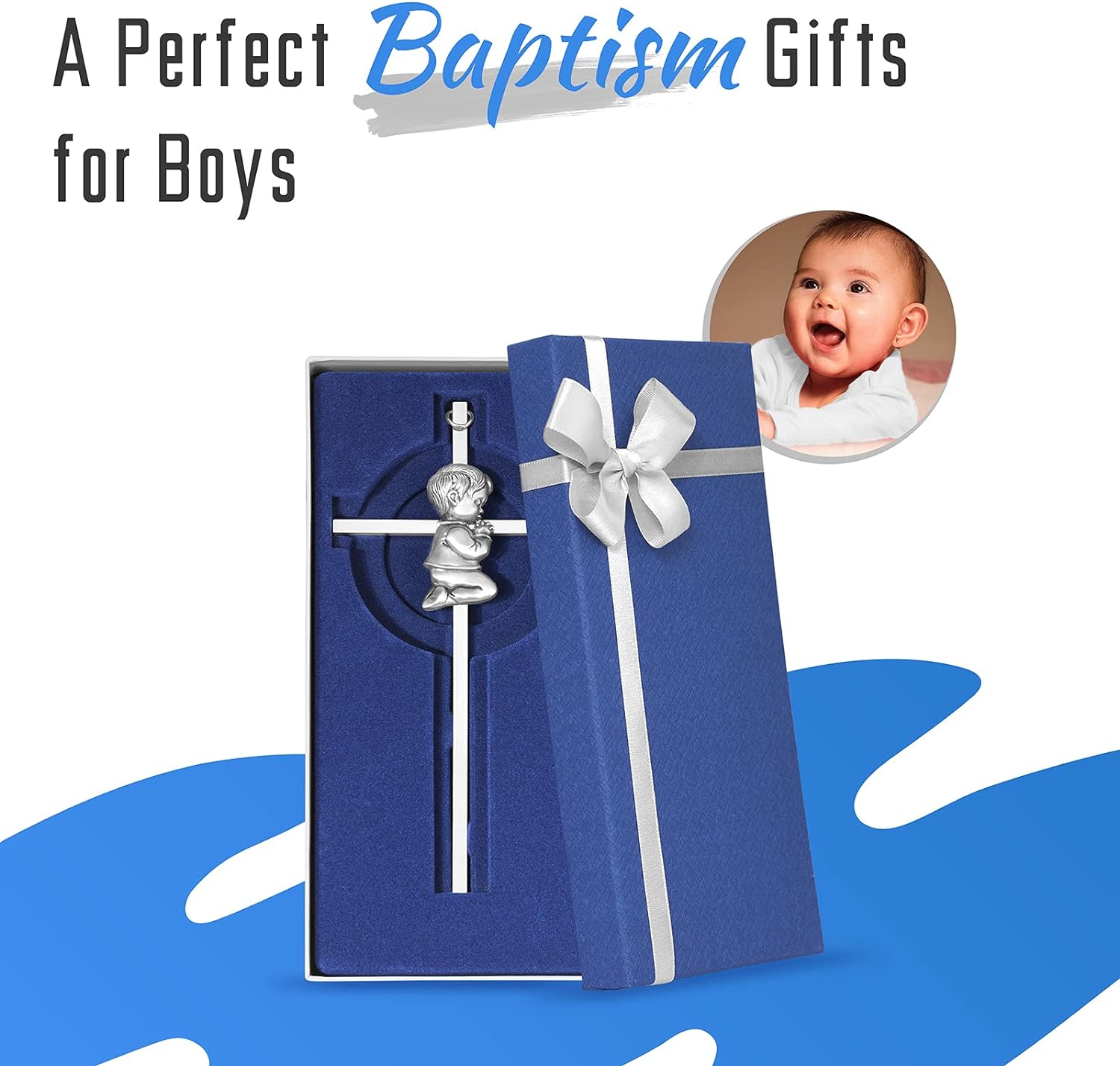 Tryuunion Baby Wall Cross Baptism Gifts for Boys, 7-inch Silver Blessing Boy Baptism Crosses for First Holy Communion Christening and Dedication Baptismal Gifts from Godparents