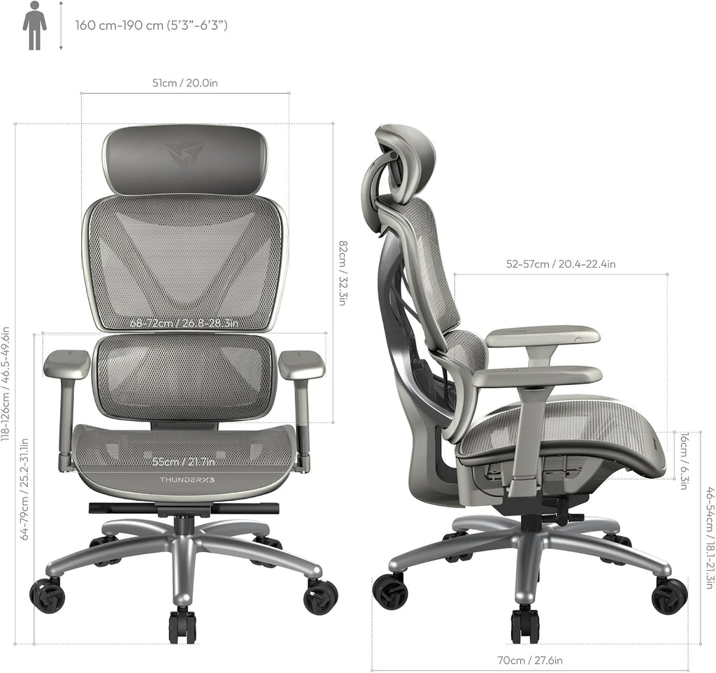 ThunderX3 XTC Ergonomic Office Chair, for Adults Gaming Chair, High Back Desk Chair, Synchronous Tilt, Self-Adjusting Lumbar Support and Backrest, Adjustable Headrest, Breathable Mesh, Grey