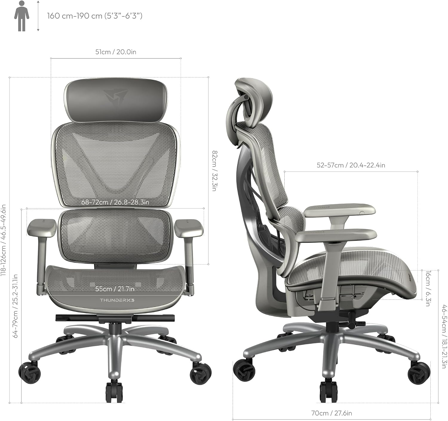 ThunderX3 XTC Ergonomic Office Chair, for Adults Gaming Chair, High Back Desk Chair, Synchronous Tilt, Self-Adjusting Lumbar Support and Backrest, Adjustable Headrest, Breathable Mesh, Grey