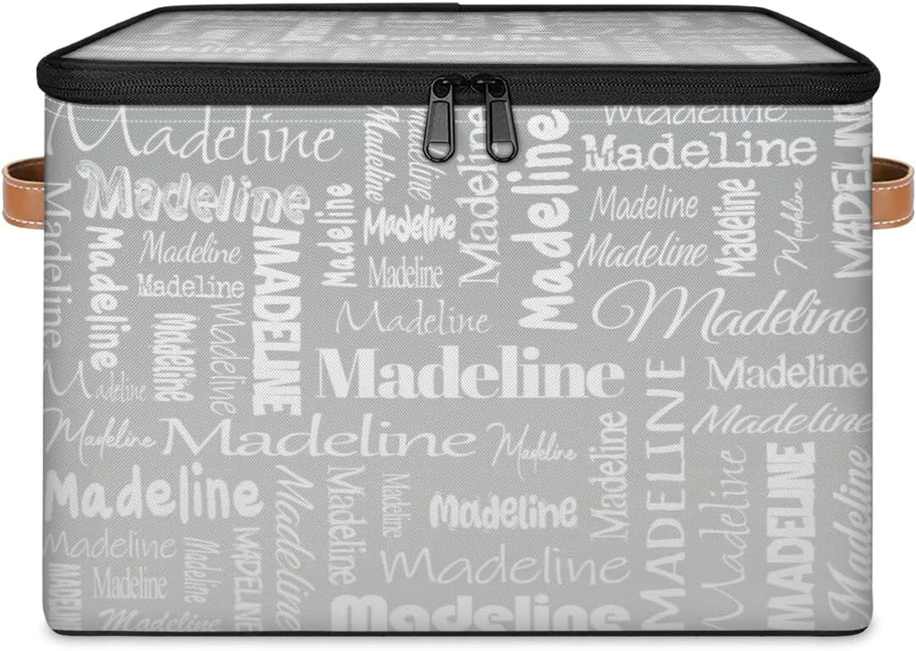 Custom Storage Basket with Name, Personalized Keepsake Box with Zipper Lid, Foldable Fabric Memory Bin Large capacity with Handle Grey