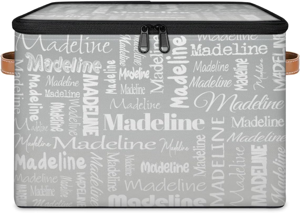 Custom Storage Basket with Name, Personalized Keepsake Box with Zipper Lid, Foldable Fabric Memory Bin Large capacity with Handle Grey