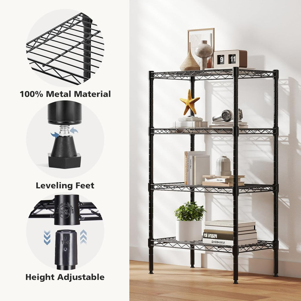 DUMOS 4-Tier Metal Wire Storage Shelves, Adjustable Standing Storage Rack Shelf, Heavy Duty Steel Shelving Unit Organizers for Kitchen Bathroom Pantry Garage, 23.3" Wx13.4 Dx47 H, Black