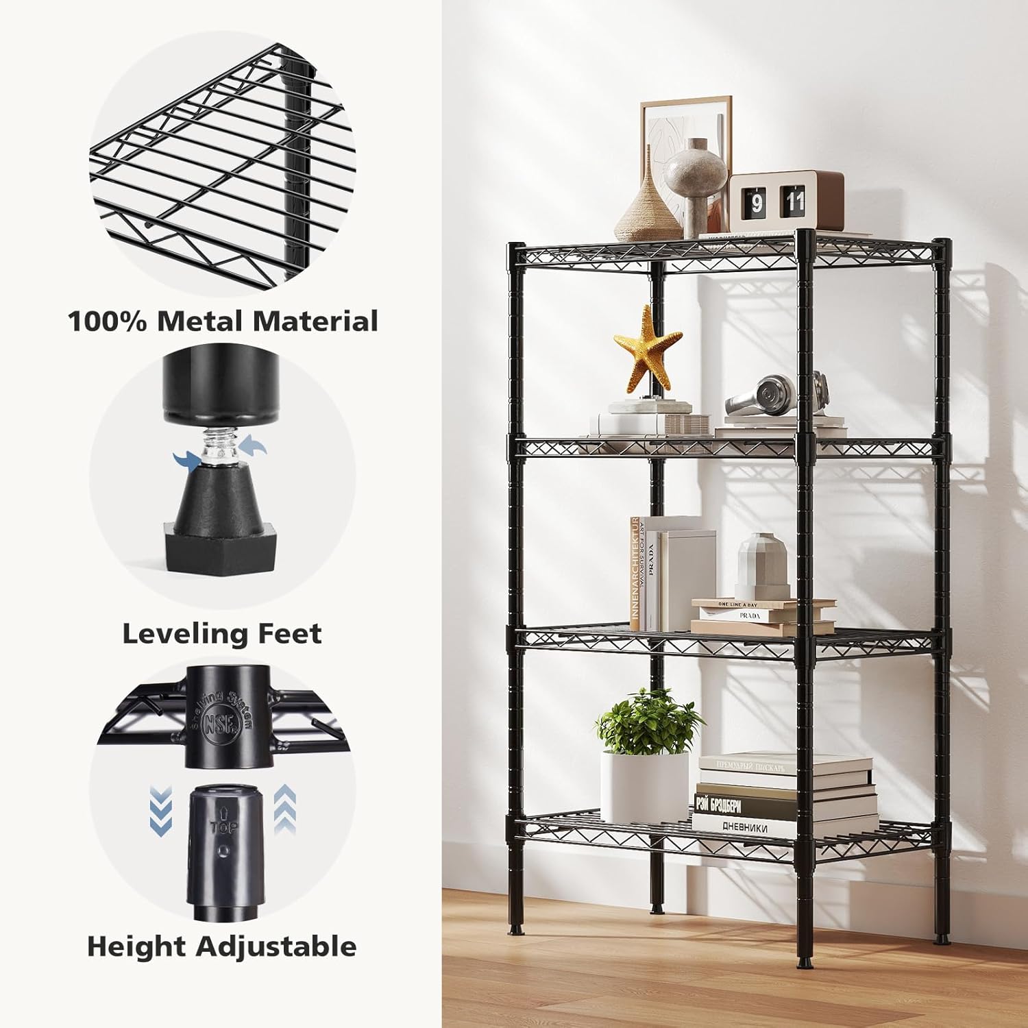 DUMOS 4-Tier Metal Wire Storage Shelves, Adjustable Standing Storage Rack Shelf, Heavy Duty Steel Shelving Unit Organizers for Kitchen Bathroom Pantry Garage, 23.3" Wx13.4 Dx47 H, Black