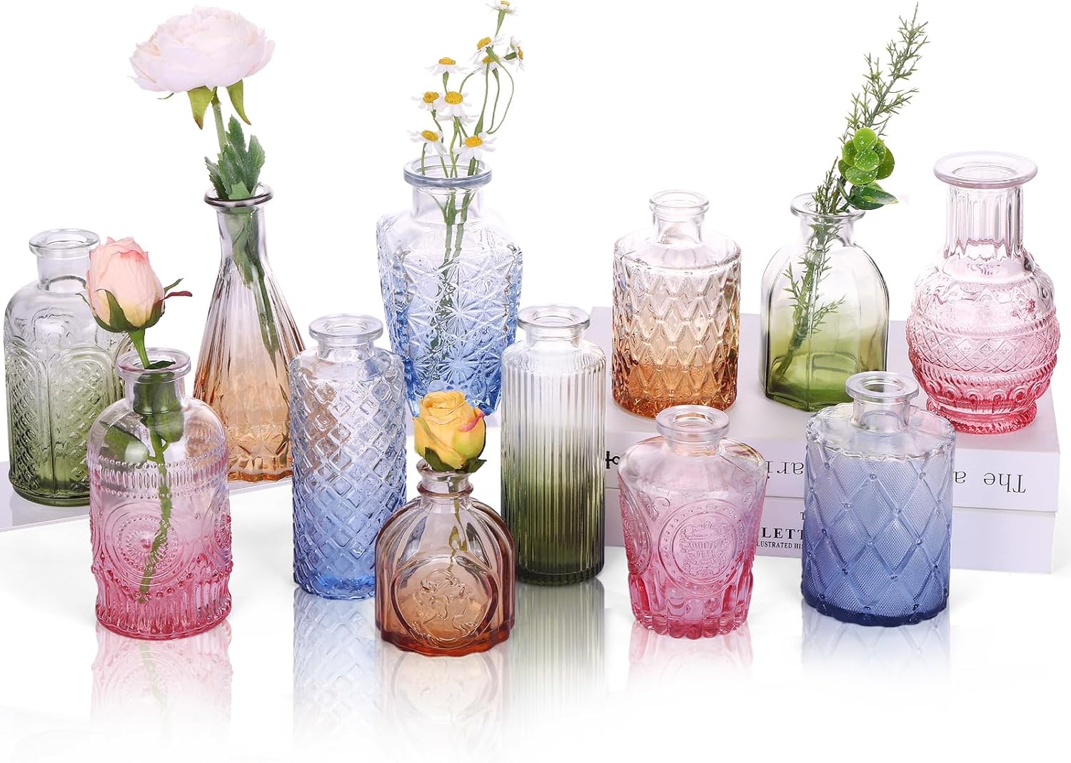 CUCUMI 12 Pack Colorful Glass Bud Vases, Small Colored Vintage Vases for Centerpieces, Decorative Flower Vases for Wedding Home Table Decor(Amber, Blue, Green, Pink)