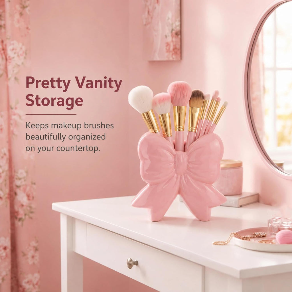 Jingmore Vase Coquette Ceramic Pink Toothbrush Holder Vase Pen Makeup Brush Holder Contemporary Design Decorative Women Gift for Christmas Home Office Shelf Table Room(Small,Classic,Pink)