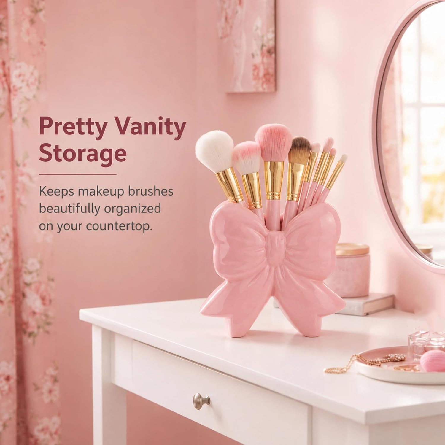 Jingmore Vase Coquette Ceramic Pink Toothbrush Holder Vase Pen Makeup Brush Holder Contemporary Design Decorative Women Gift for Christmas Home Office Shelf Table Room(Small,Classic,Pink)
