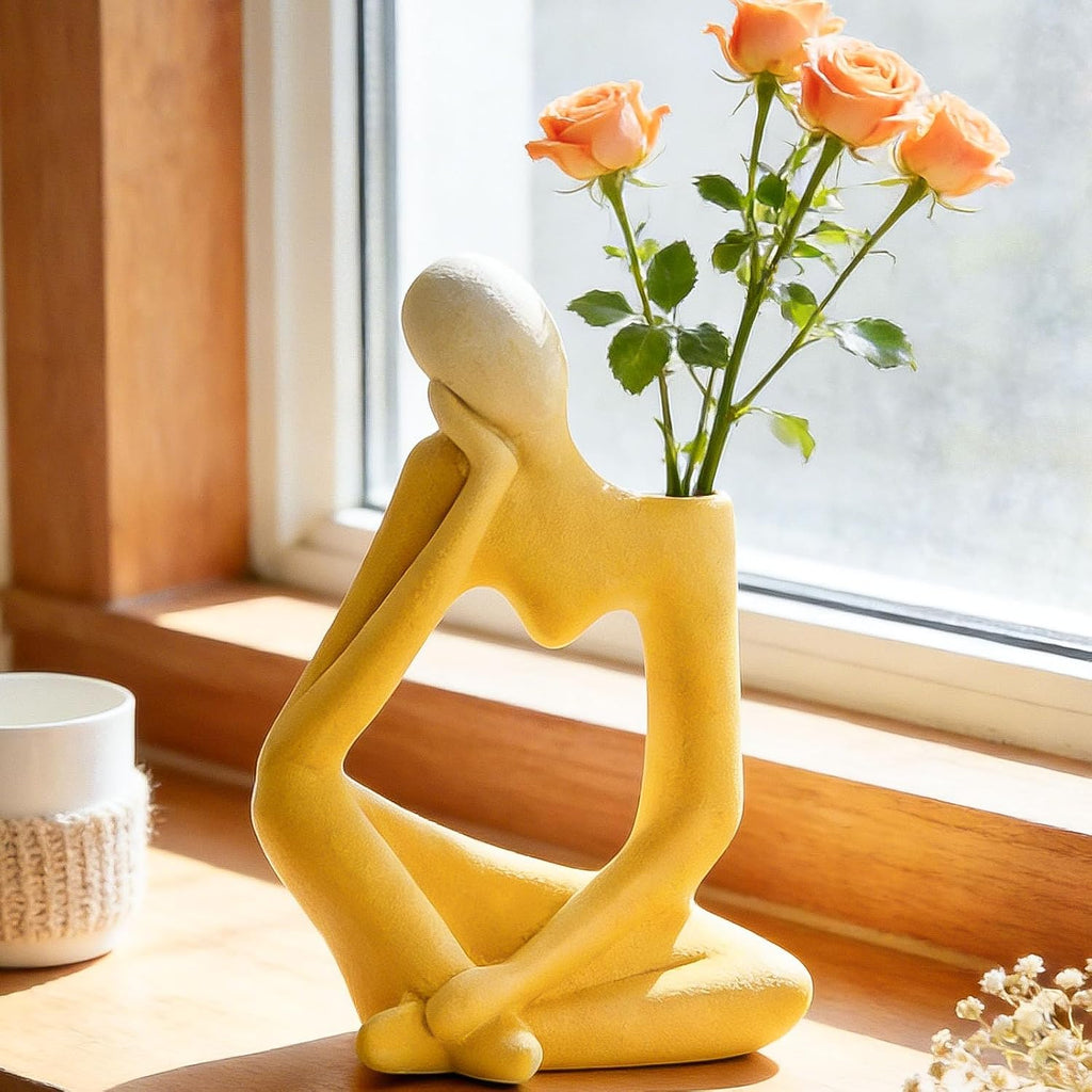 Arawat Ceramic Thinker Vase Yellow Flower Vase for Home Decor Modern Cute Boho Vases for Table Room Decor Unique Aesthetic Ceramic Decorative Vases for Centerpieces Birthday Gifts for Women Men