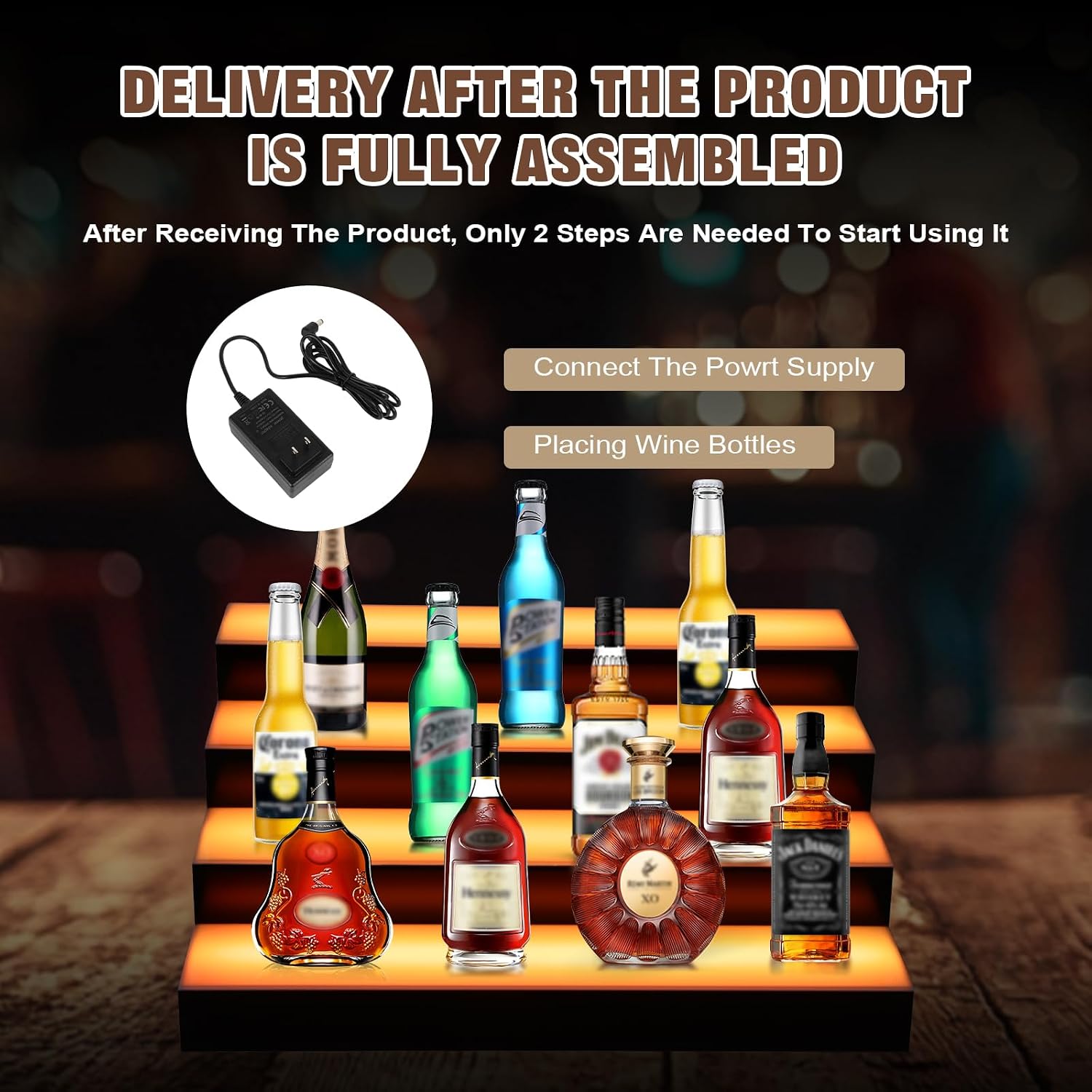 FAHKNS LED Lighted Liquor Bottle Display, 4 Tiers 16 Inch LED Liquor Shelves with RF Remote, Liquor Bottle Accessories Shelf for Home Bar, 16 Static Colors 4 Dynamic Mode