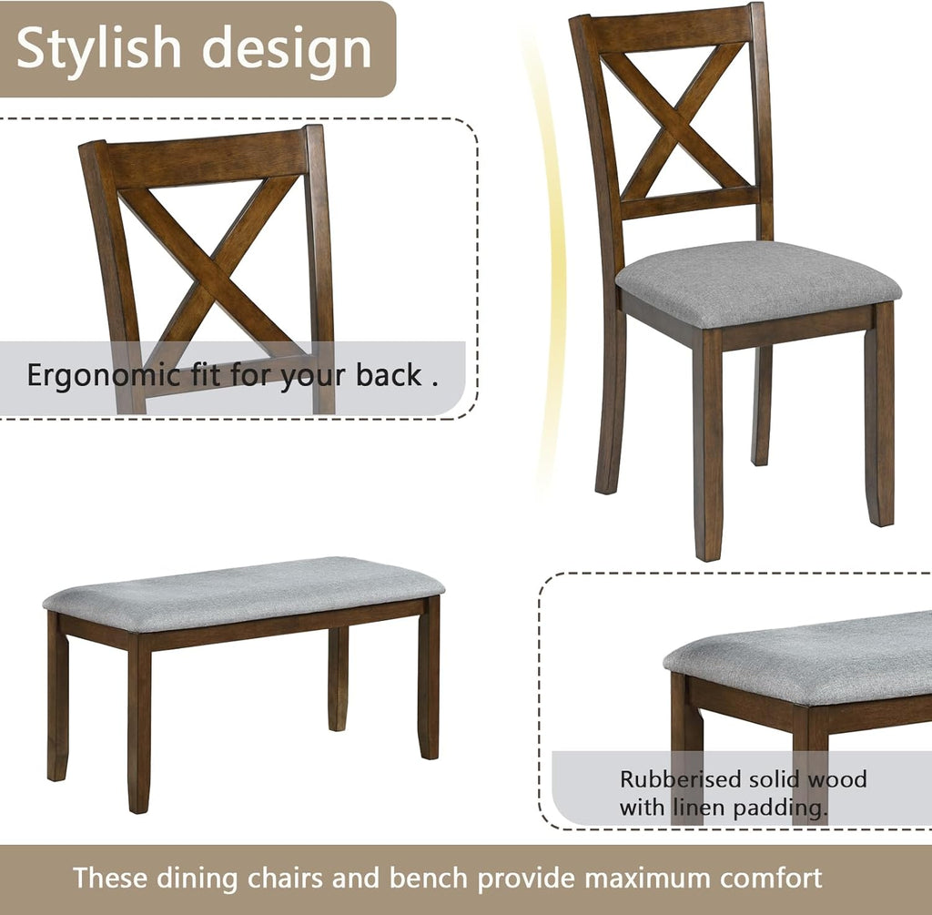 LUMISOL 6-Piece Solid Wood Dining Table Set, Wood Kitchen Table with 4 Chairs and Bench, Farmhouse Dining Table with Bench and Chairs Set for Kitchen, Living Room, Walnut Grey