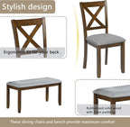 LUMISOL 6-Piece Solid Wood Dining Table Set, Wood Kitchen Table with 4 Chairs and Bench, Farmhouse Dining Table with Bench and Chairs Set for Kitchen, Living Room, Walnut Grey