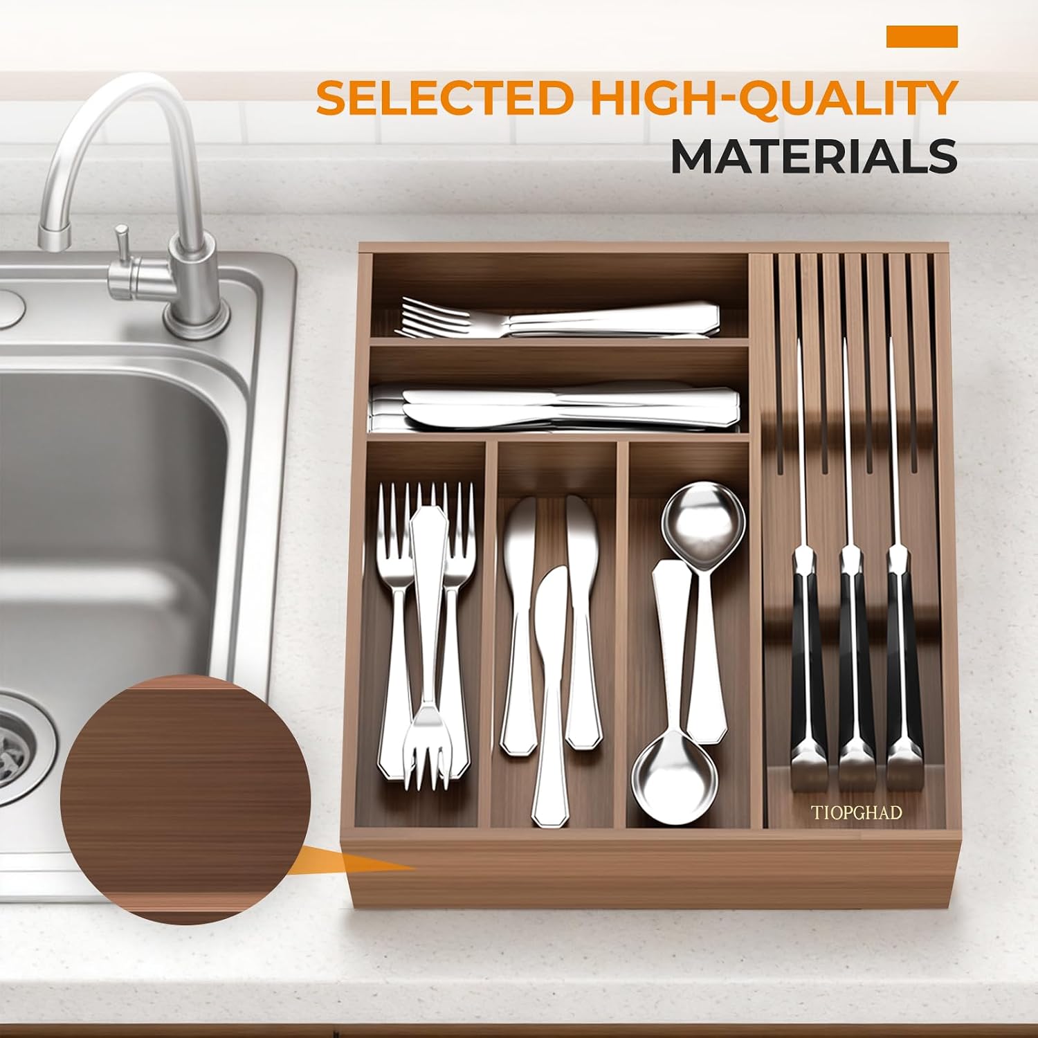 TIOPGHAD Small-Bamboo-Silverware-Drawer-Organizer, Expandable Utensil Kitchen Cutlery Tray Flatware Organization Wood Tableware Dividers Storage (with Removable Knife Block)(Brown)