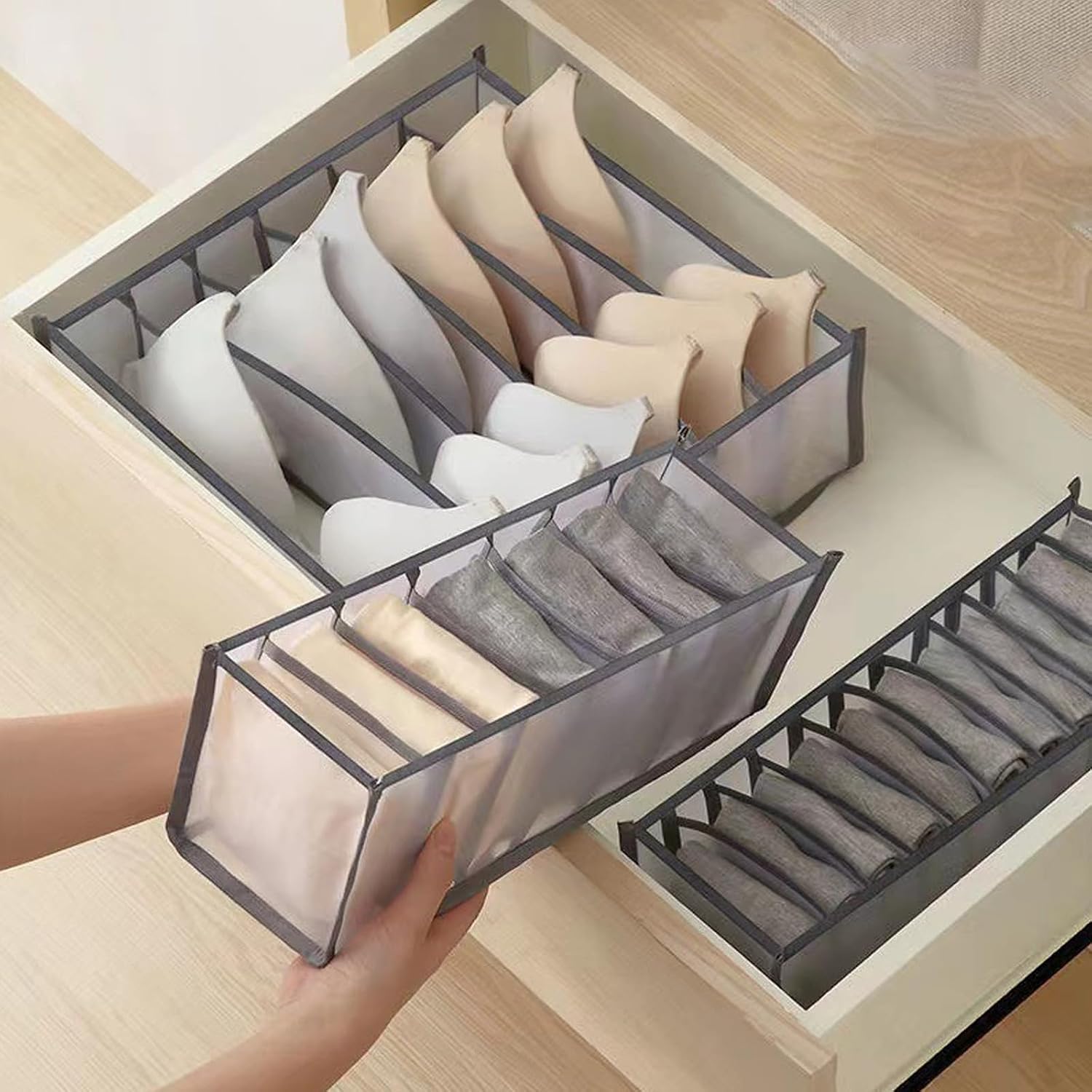 7-Compartment Underwear Storage Box with Breathable Nylon Mesh, Foldable Drawer Organizer for Socks, Lingerie, and Small Clothing Items