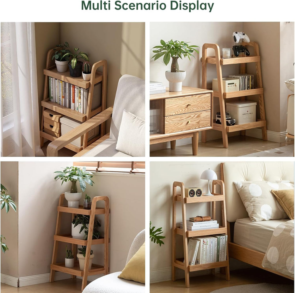 100% Solid Wood 3-Tier Ladder Shelf, Small Bookcase, Storage End Table, Open Display Stand for Living Room, Bedroom, Kitchen, Bathroom (Original Wood Color)