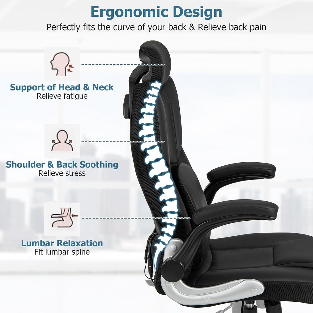 COSTWAY Executive 3D Massage Office Chair, Faux Leather Computer Desk Chair w/Adjustable Headrest & Lumbar Support, High Back Home Office Chair with Flip-up Armrests, Remote Control, Black