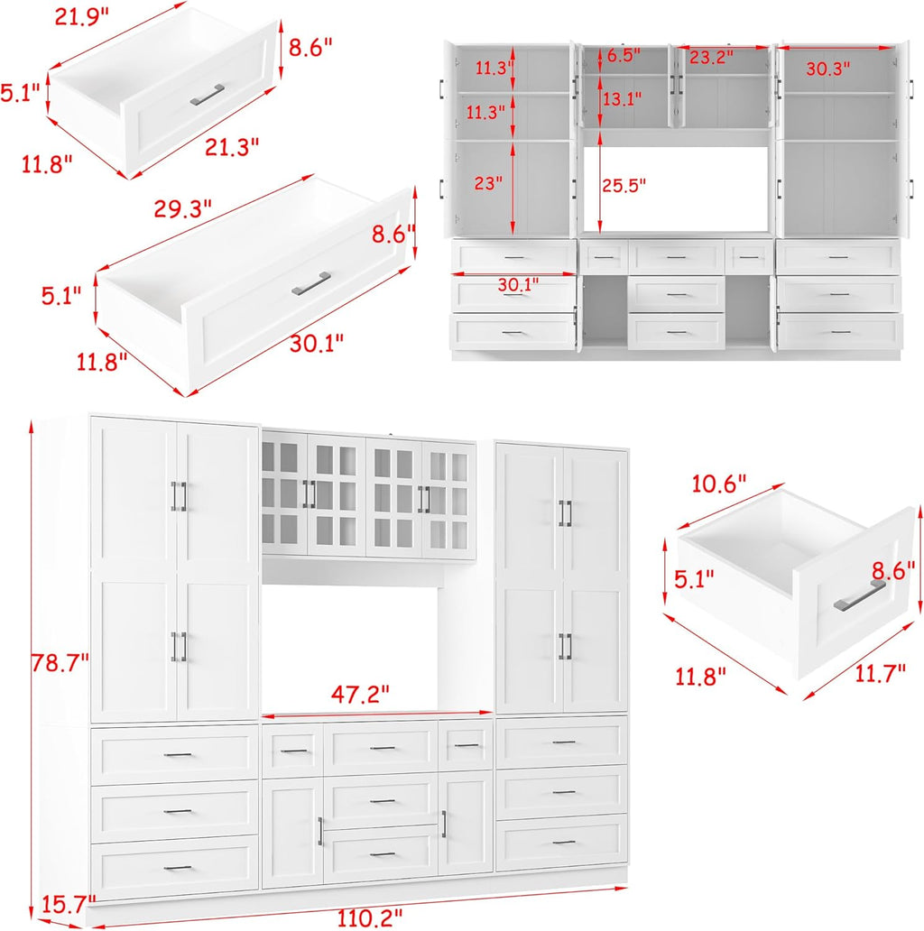 ECACAD 110.2" W Kitchen Pantry with Glass Doors & Open Countertop, Large Cupboard Storage Cabinet with Adjustable Shelves & 11 Drawers for Living Room, Dining Room, White